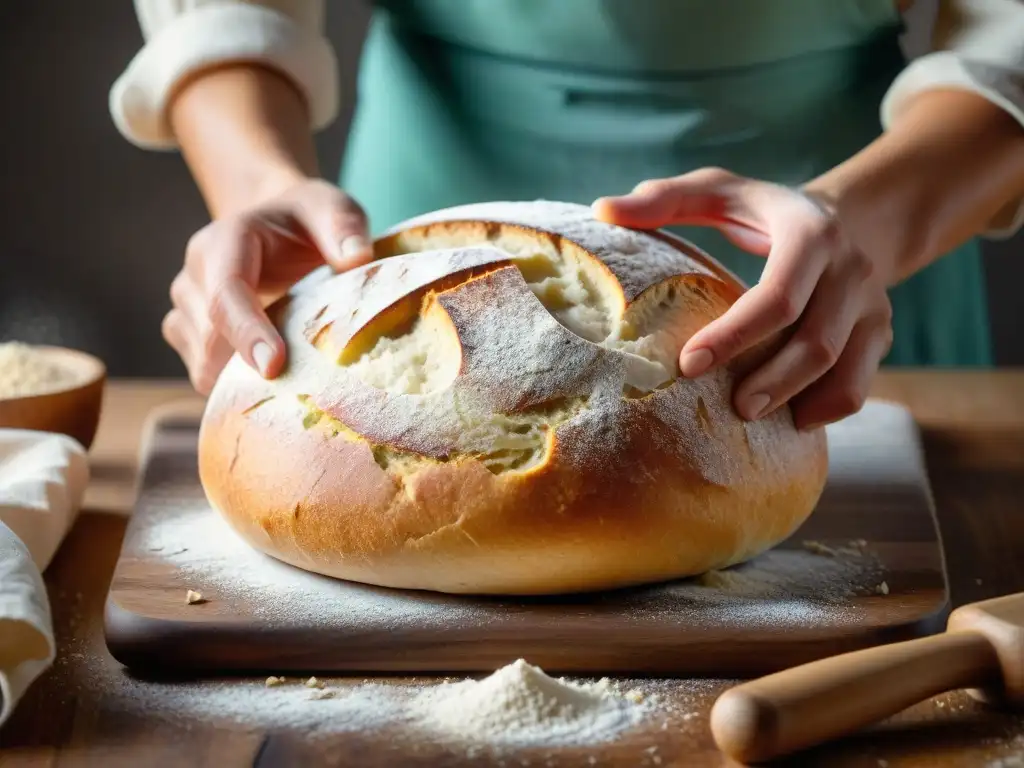 Un artesano panadero moldea con destreza una masa de pan sin gluten, destacando la elaboración artesanal