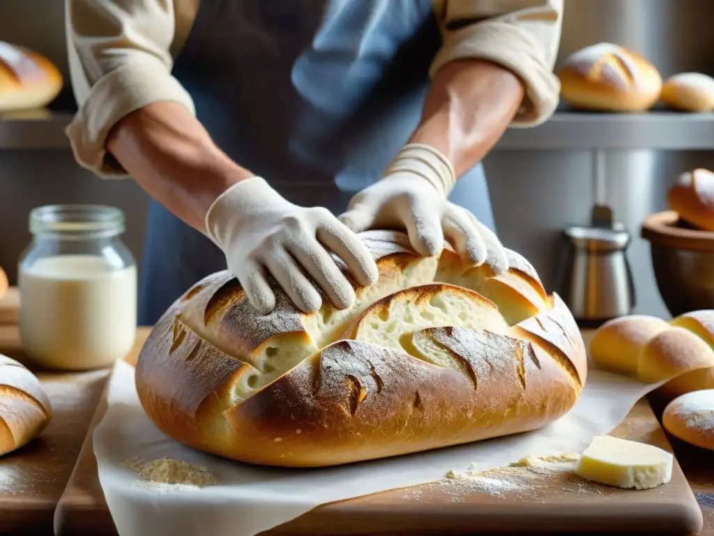 Un artesano panadero experto moldea un pan rústico con prefermentos para pan carácter en una panadería sofisticada