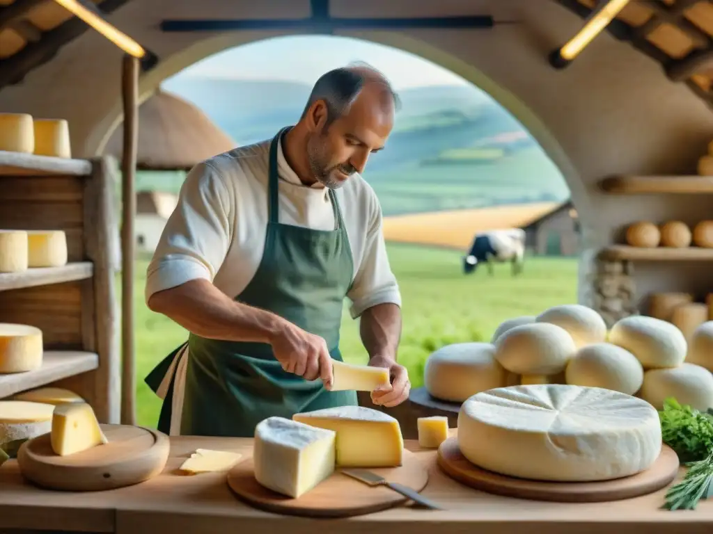 Artesano elaborando queso en granja europea al amanecer