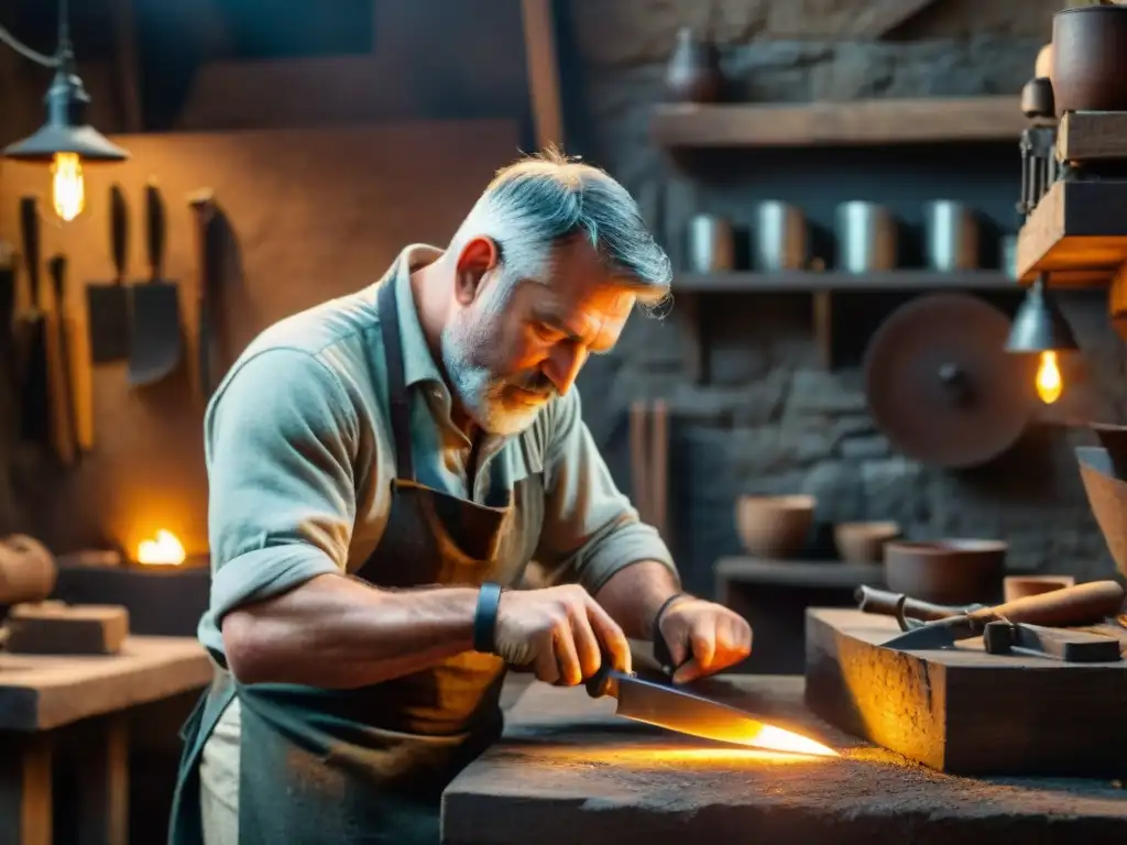 Un artesano forja sets de cuchillos artesanales tradicionales en su taller, rodeado de herramientas y materiales