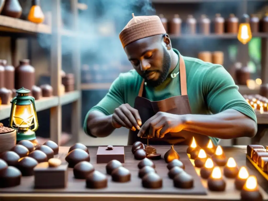 Un artesano en un taller tradicional, meticulosamente fabricando chocolates