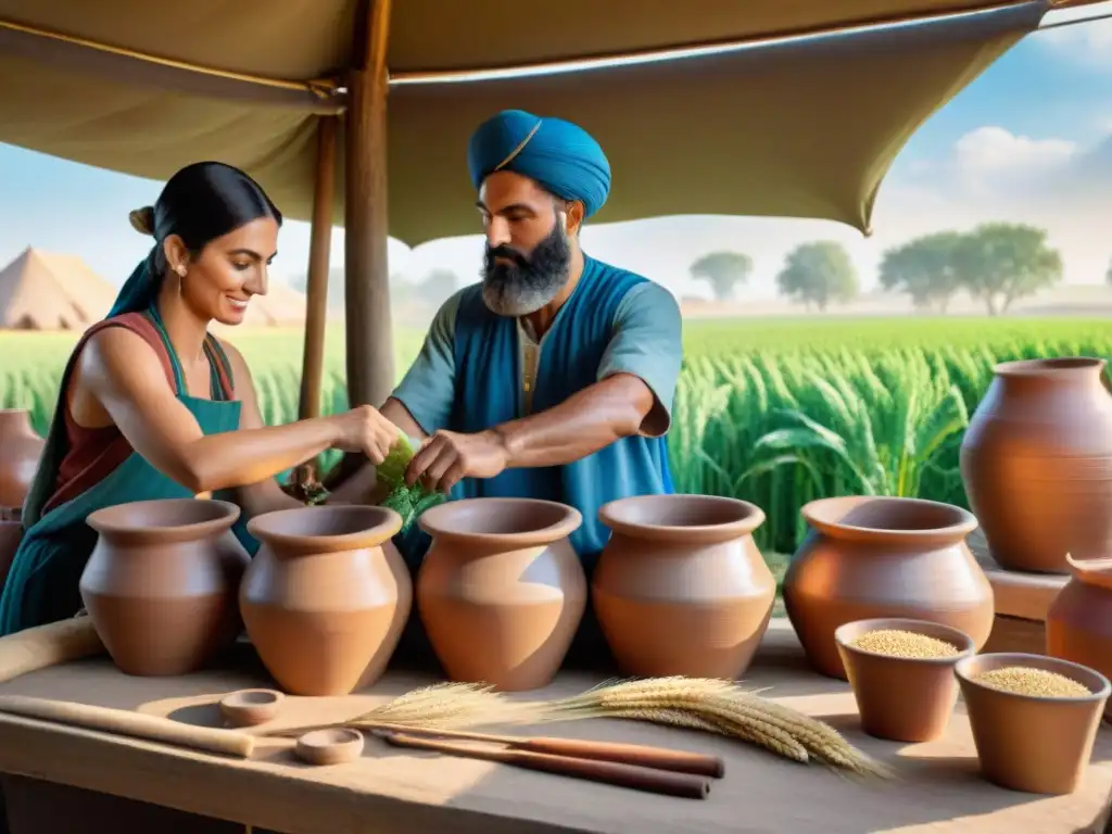 Artesanos antiguos creando cerveza en Mesopotamia, rodeados de campos de cebada y un mercado bullicioso