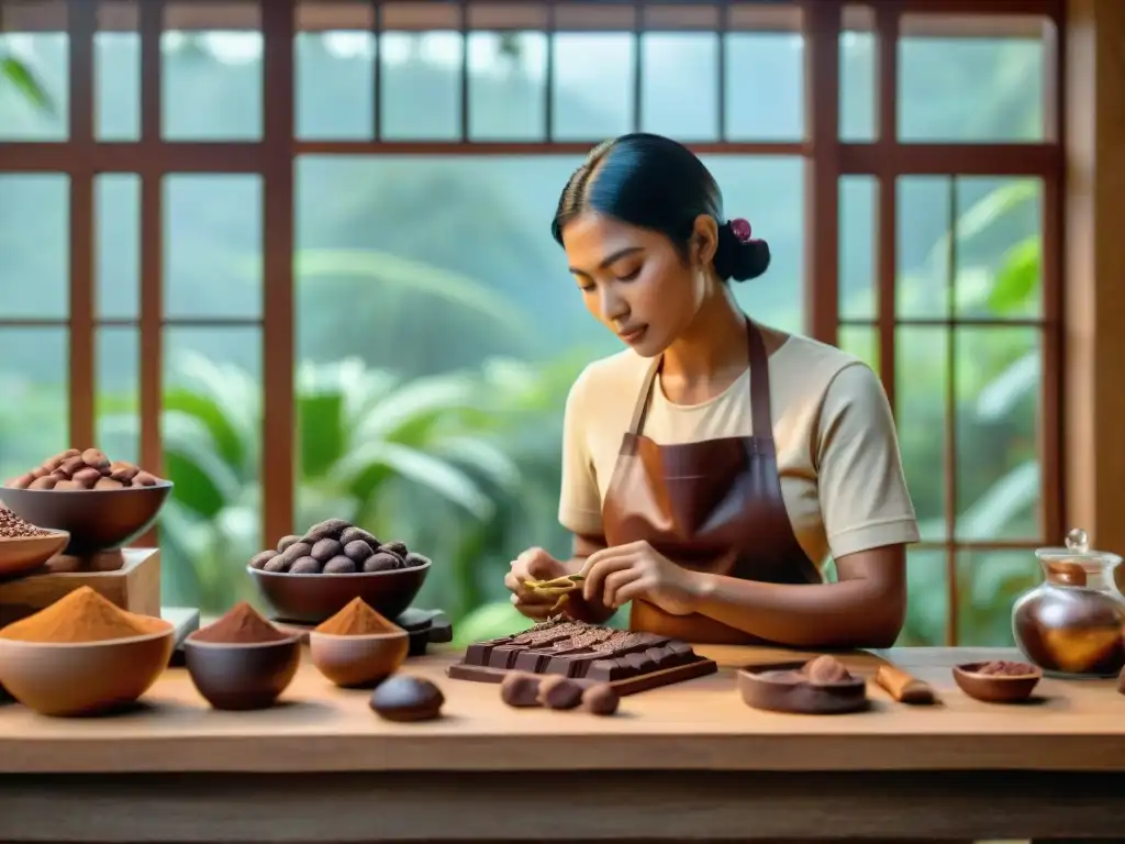 Artesanos de chocolate cacao crean esculturas en taller rústico iluminado por luz dorada