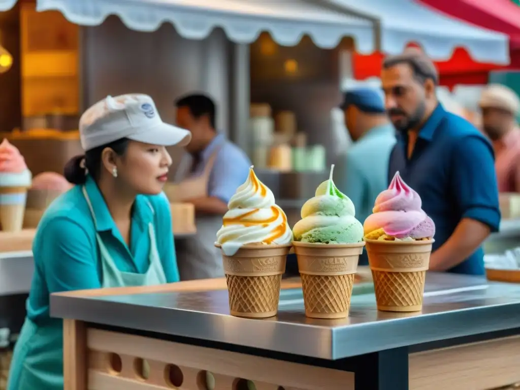 Artesanos helado gourmet crean sabores con historia en concurrida plaza de mercado