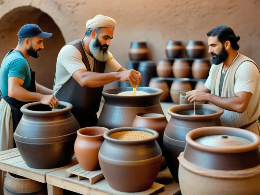 Artesanos mesopotámicos elaborando cerveza en mercado bullicioso