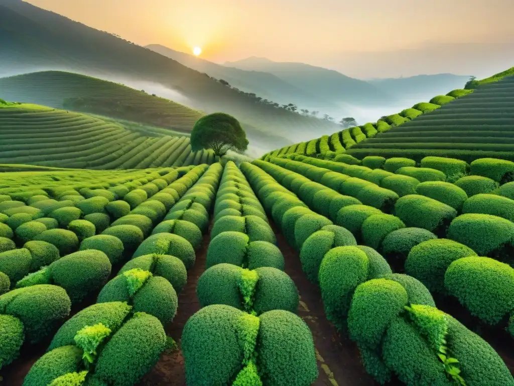 Plantación de té al atardecer, con arbustos verdes bajo un cielo dorado