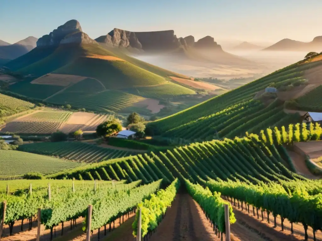 Un atardecer cálido en viñedos de Sudáfrica con gente disfrutando de una cata de vinos