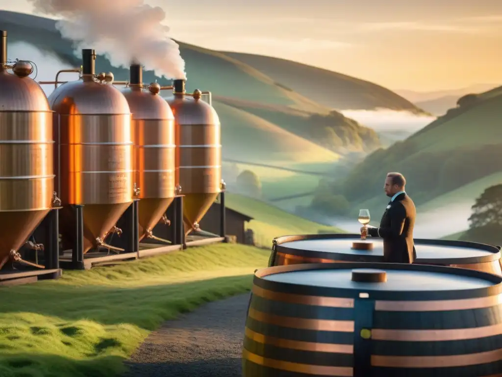 Un atardecer dorado en una destilería de whisky exclusiva, donde el arte y la artesanía se fusionan