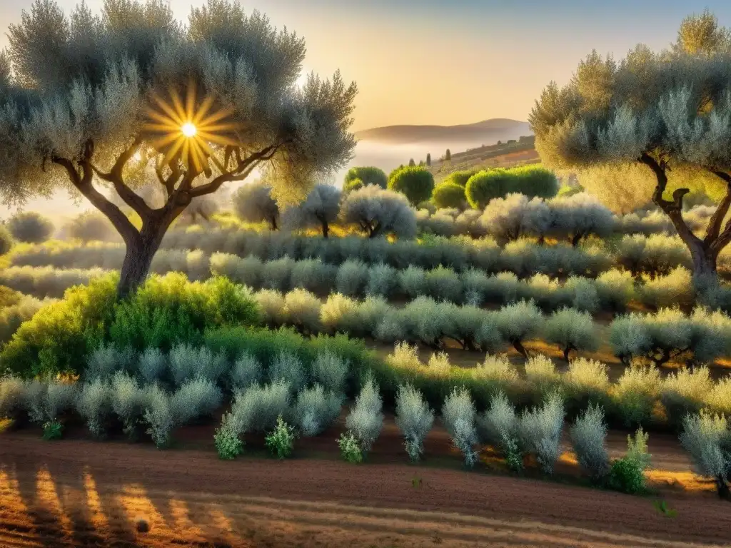 Un atardecer dorado en un exuberante olivar con aceitunas brillantes