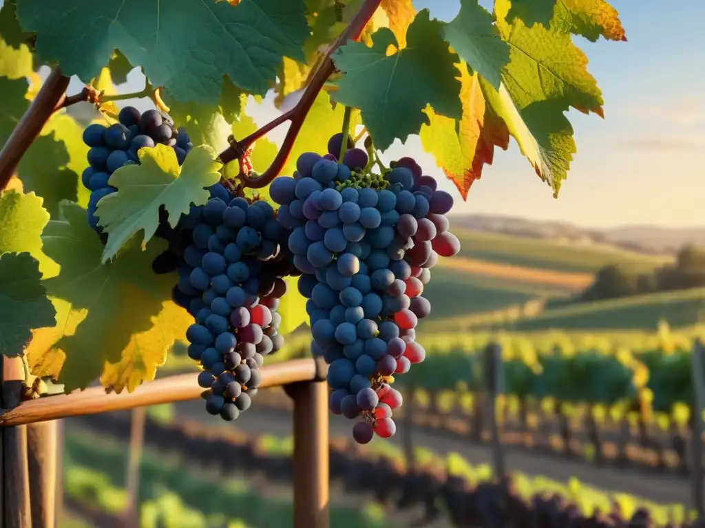 Un atardecer dorado en un viñedo, donde los secretos de la vendimia transforman las uvas en vino