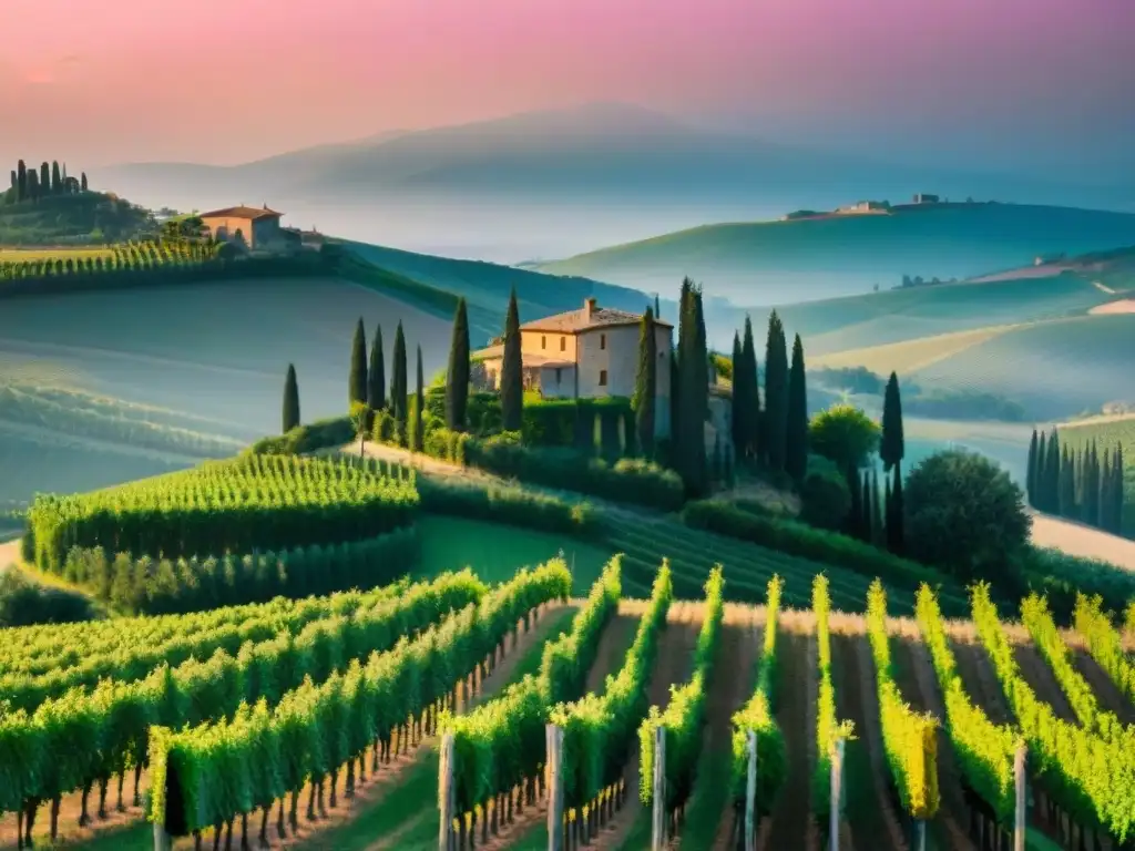 Atardecer dorado en viñedo de Toscana con casa de piedra y cipreses