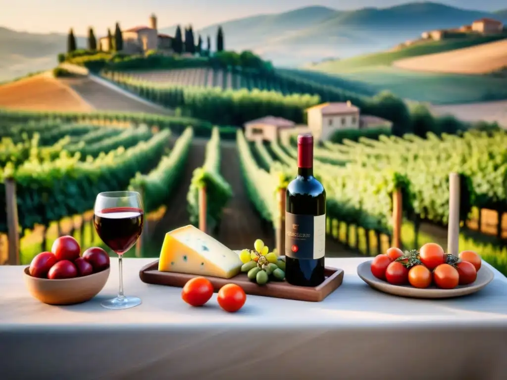 Un atardecer dorado en un viñedo de la Toscana con delicias culinarias