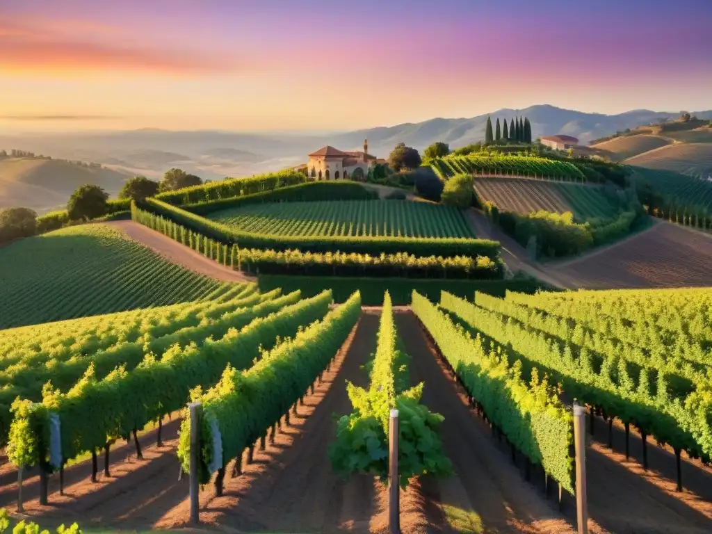 Un atardecer dorado sobre viñedos exclusivos en Napa Valley, con un cielo pintado de rosa, naranja y morado