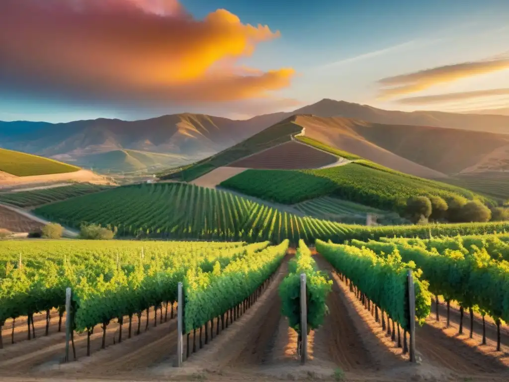 Atardecer dorado sobre viñedos en Valle de Guadalupe, México