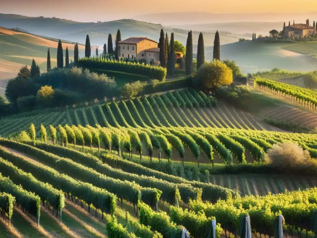 Atardecer de ensueño sobre viñedos en Toscana, Italia