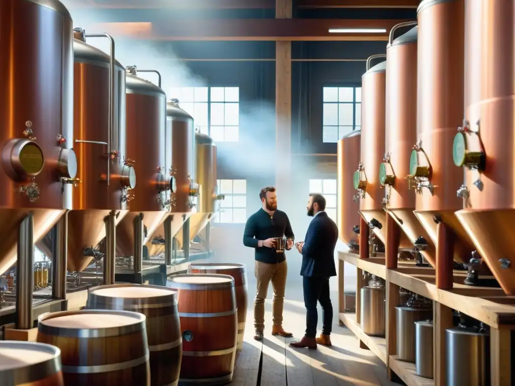 Un atardecer mágico en una cervecería artesanal, con maestro cervecero y barricas de cerveza