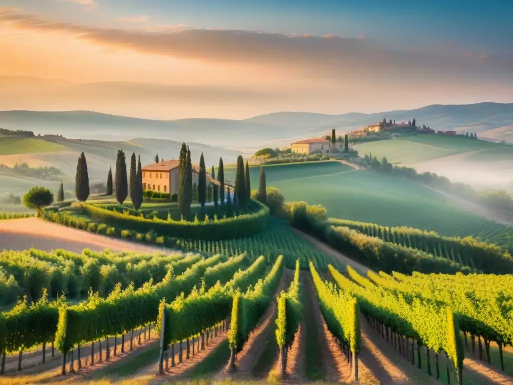 Un atardecer mágico en una pintoresca viña en la campiña toscana