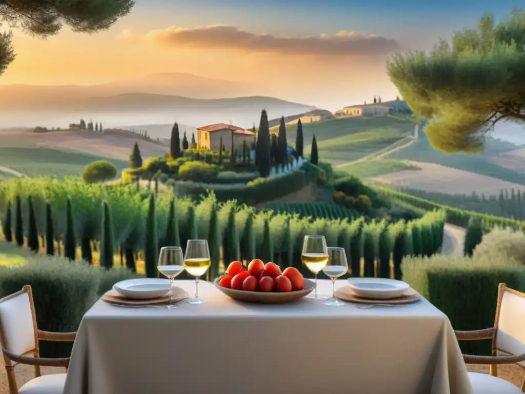 Un atardecer mágico en una villa toscana con mesa de gastronomía local