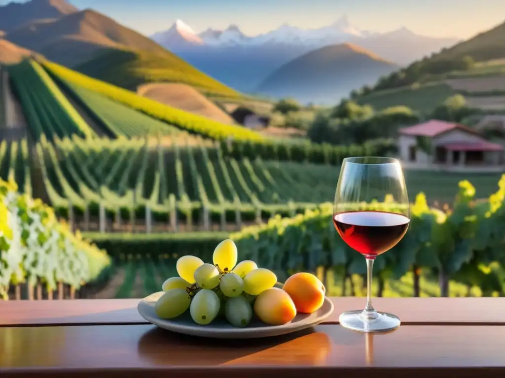 Un atardecer mágico en un viñedo chileno con una mesa de cata de vinos y productos locales