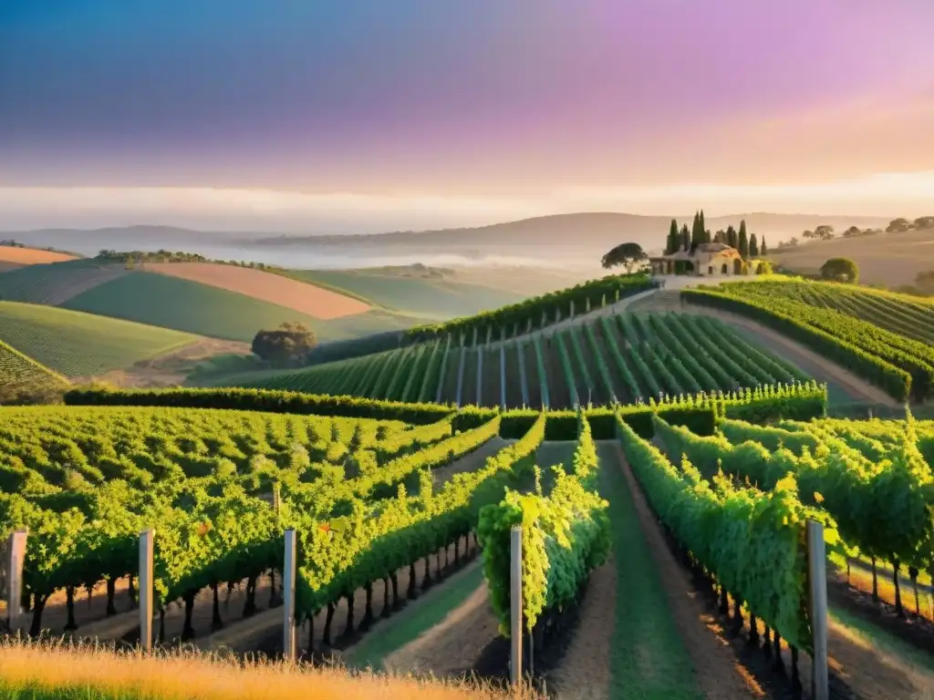 Atardecer mágico en viñedo de Australia con filas de uvas verdes y bodega al fondo