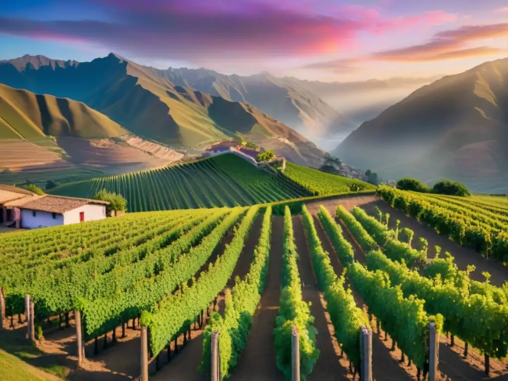 Un atardecer mágico en un viñedo peruano con filas de uvas verdes bajo un cielo vibrante