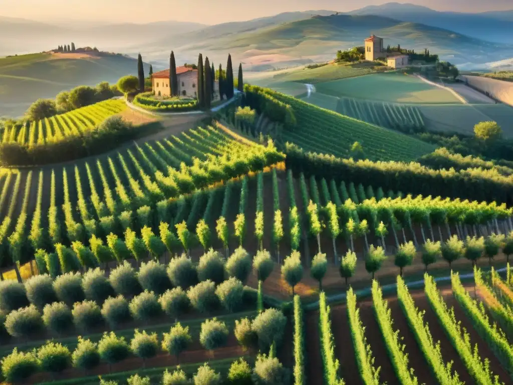Un atardecer mágico sobre los viñedos de la Toscana, Italia, reflejando la esencia de las vinícolas emblemáticas de Europa