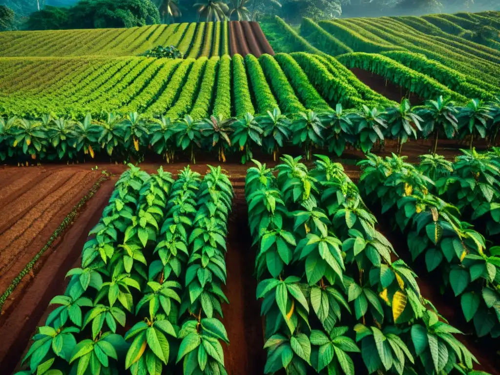 Un atardecer sereno en una plantación de cacao, con árboles cargados de coloridos frutos