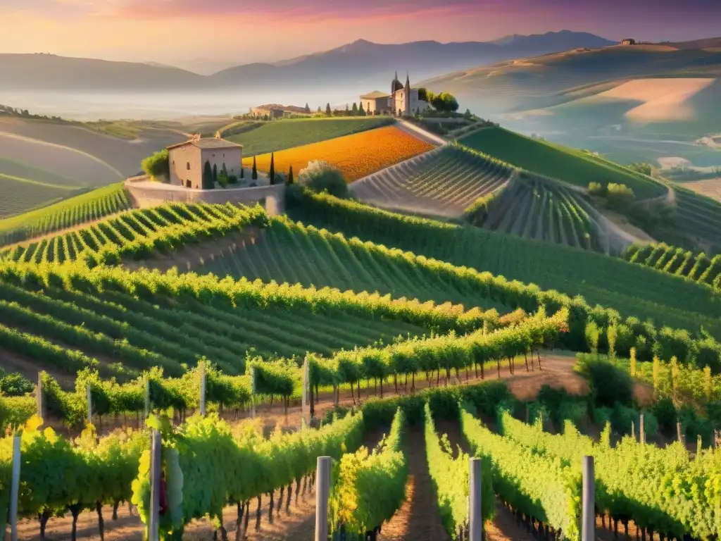 Un atardecer vibrante sobre viñedos de Rioja, fusionando colores en una escena serena