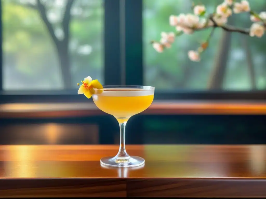 Una atmósfera japonesa elegante con un Martini de Sake con Yuzu Japón, sabores exóticos cocteles vuelta mundo