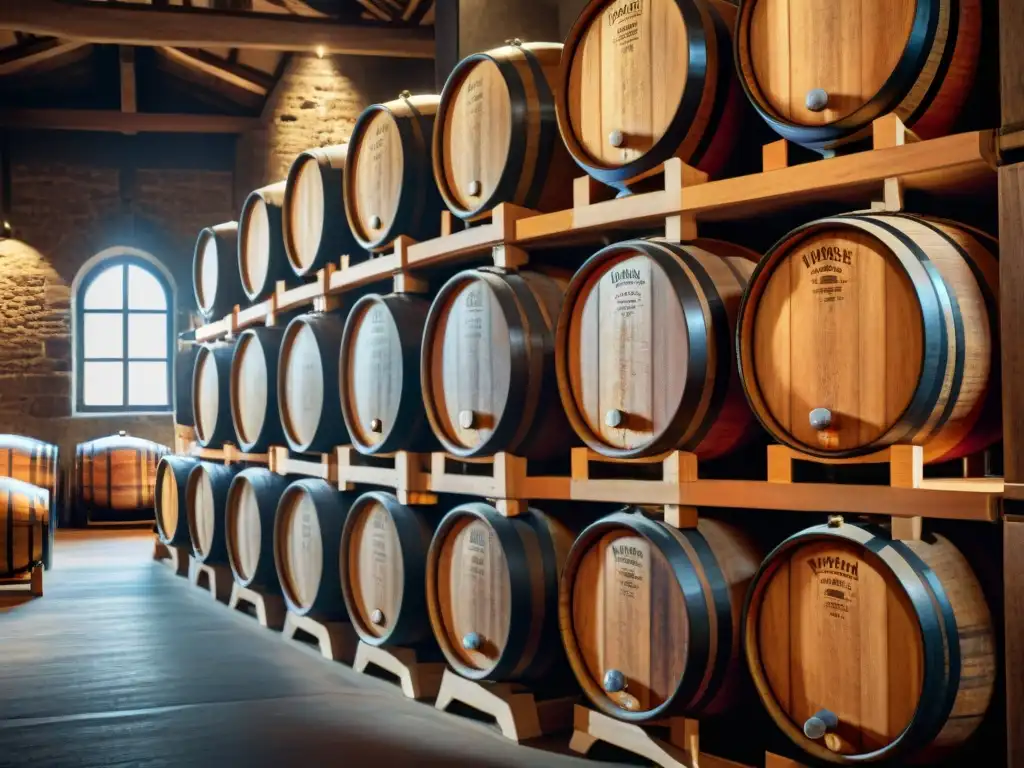 Atmósfera mágica en bodega de whisky: barriles de diferentes tamaños y edades exhiben colores profundos y patrones de madera