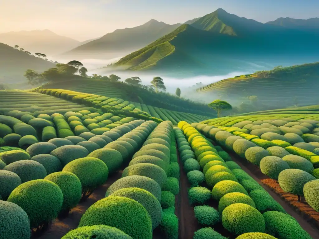 Plantación de té al amanecer con una atmósfera serena y mística