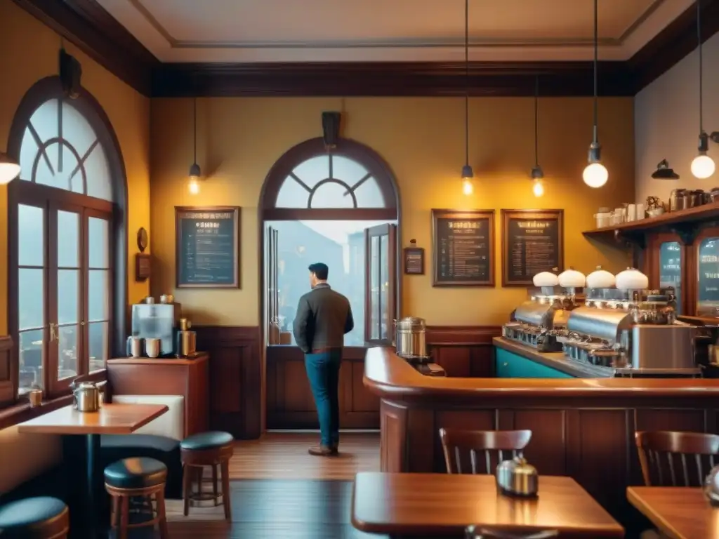 Atmósfera vibrante de una cafetería histórica, con muebles de madera, arte clásico y baristas preparando recetas de café tradicionales