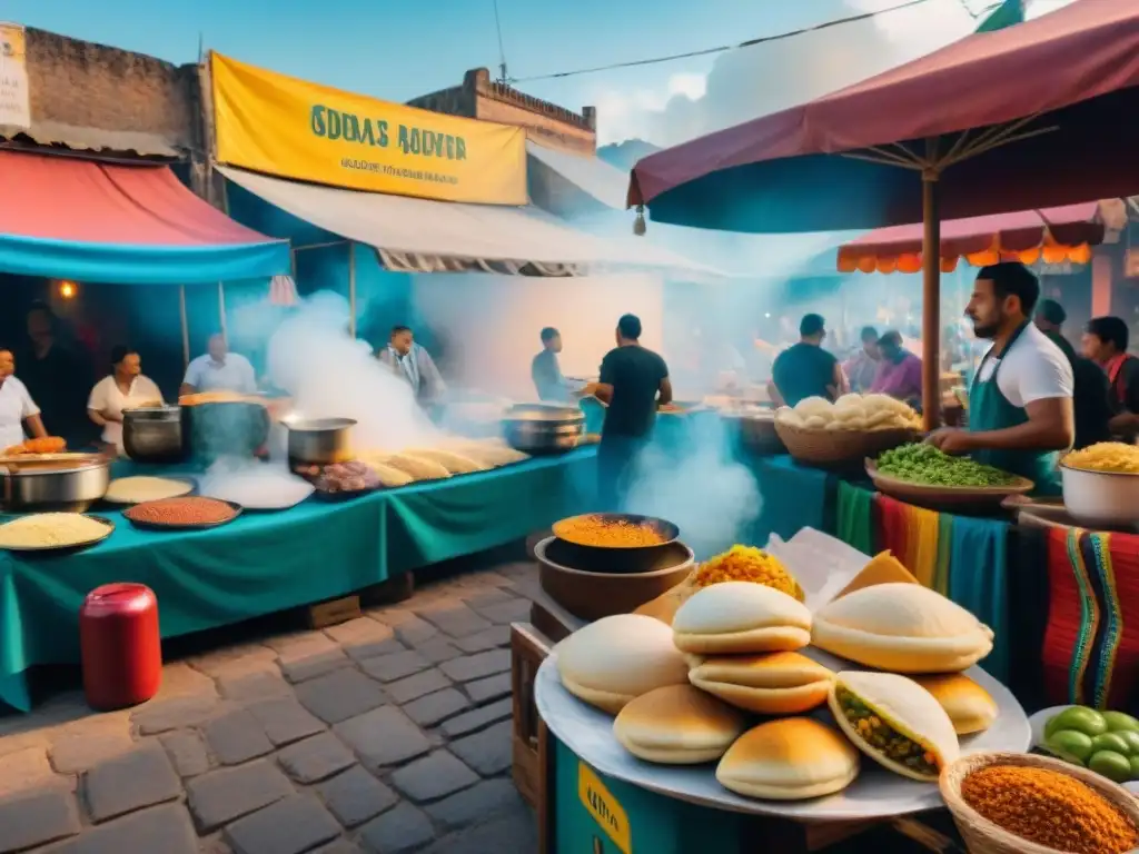 Atmósfera vibrante de un mercado callejero en América Latina con variada comida callejera y locales disfrutando el ambiente