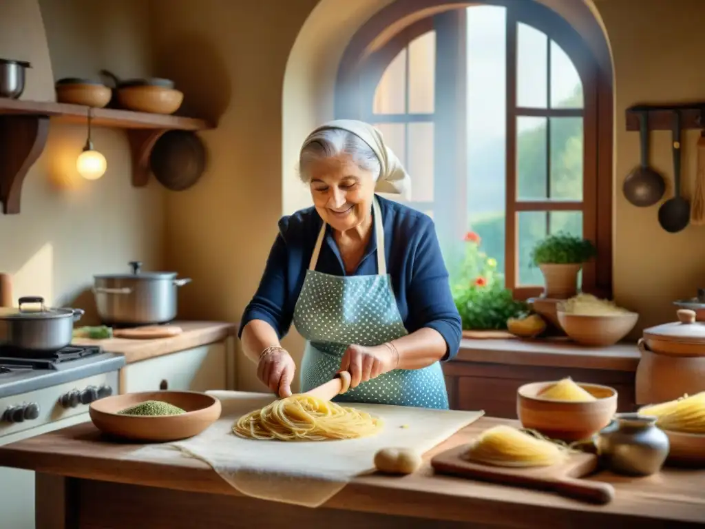 Preparación auténtica pasta fresca italiana: Nonna experta en cocina rústica elabora pasta con cariño en soleada cocina