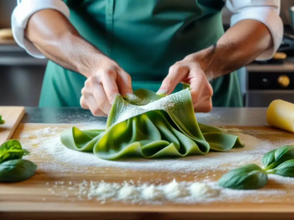 Preparación auténtica pasta fresca italiana: Chef experto moldea pasta verde en cocina organizada