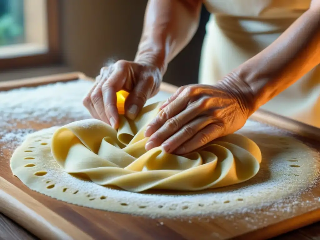 Preparación auténtica de pasta fresca italiana: Detalle íntimo de una nonna italiana experta amasando masa de pasta con cuidado y destreza