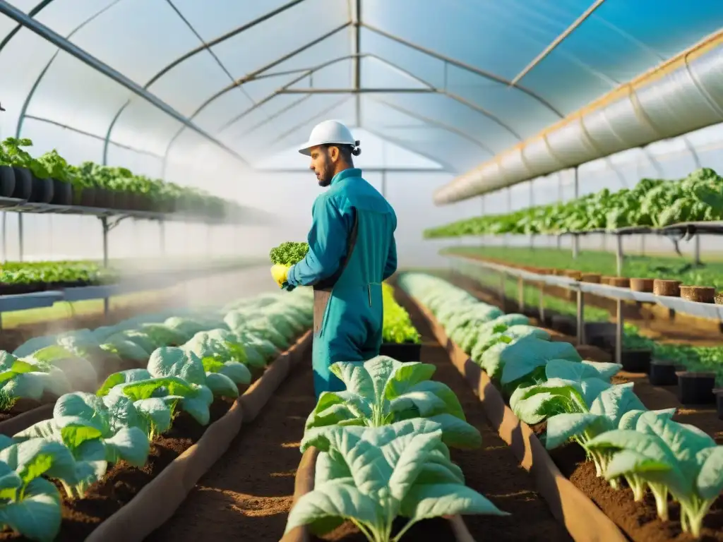 Avanzada producción de alimentos orgánicos: invernadero con tecnología innovadora y vegetales vibrantes, trabajadores en vestimenta sostenible