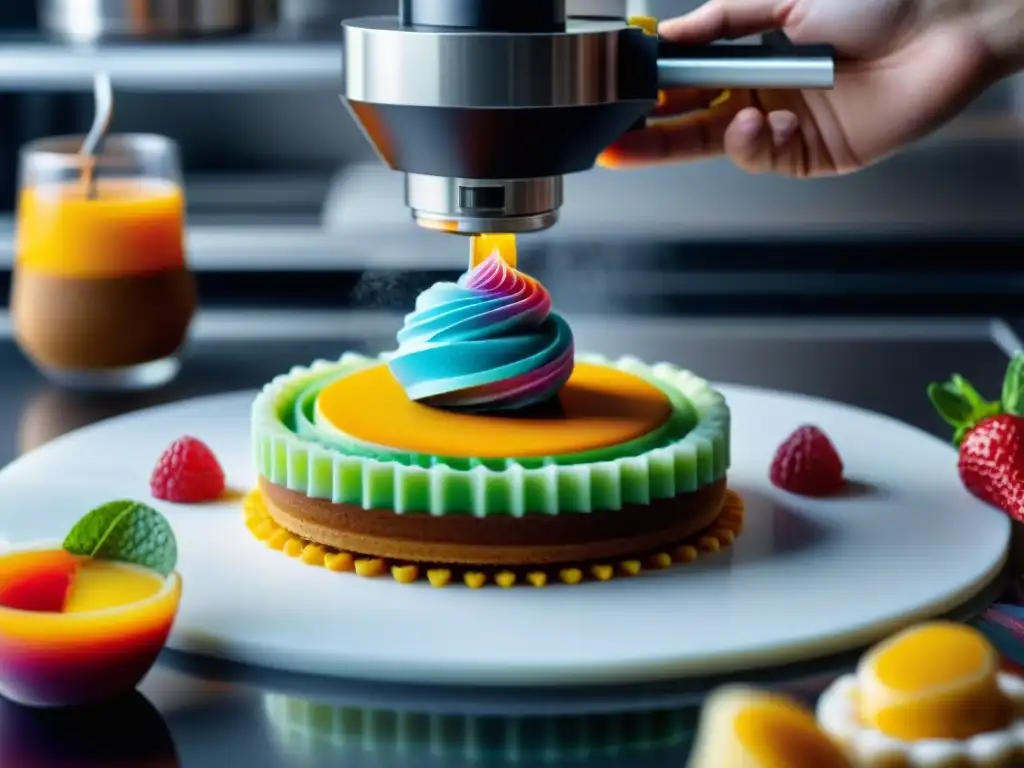 Un avanzado impresor 3D crea un postre gourmet colorido y detallado en una cocina moderna