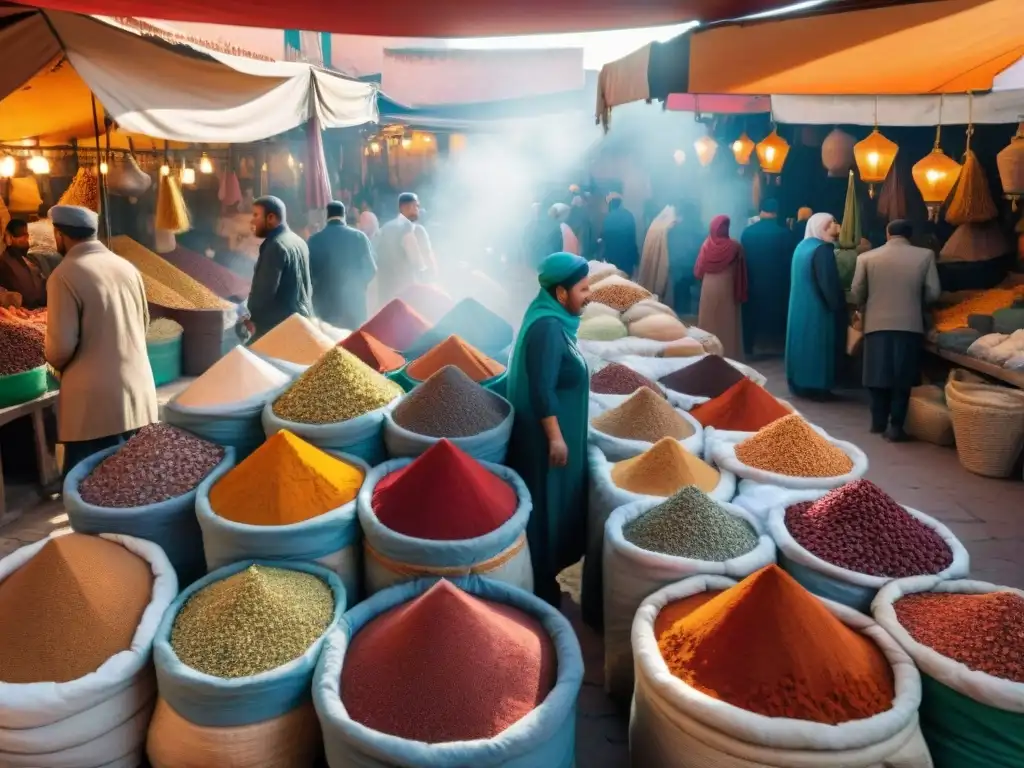 Una aventura culinaria con especias exóticas en el bullicioso mercado de Marrakech, Marruecos