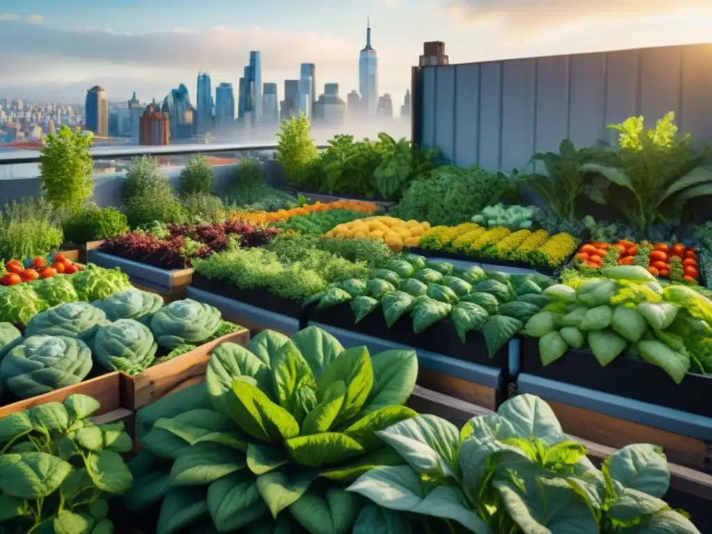 Un jardín en la azotea rebosante de vida urbana y coloridas plantas