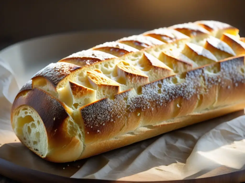 Un baguette dorado recién horneado con una corteza crujiente y una miga ligera