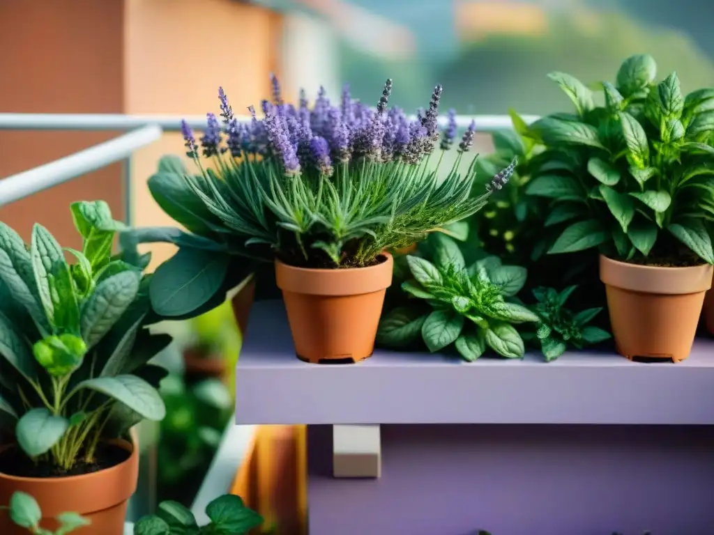 Un balcón gourmet rebosante de plantas aromáticas como lavanda, romero, menta y albahaca