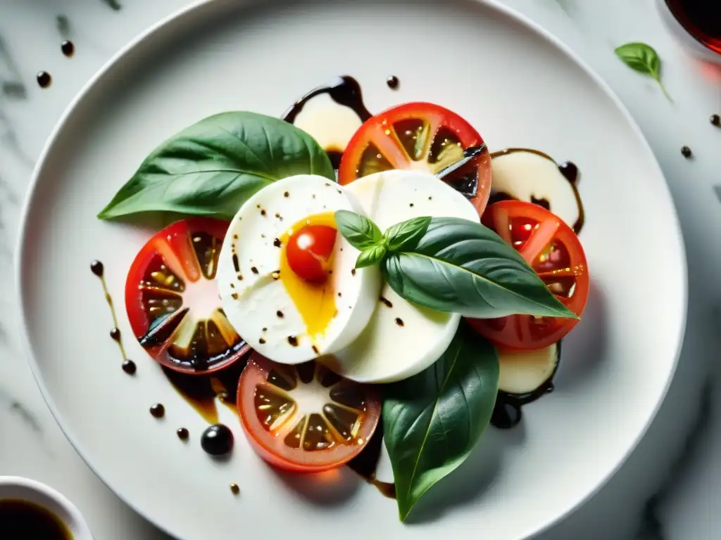 Vinagre balsámico gourmet realza caprese con tomate, albahaca y mozzarella en plato blanco