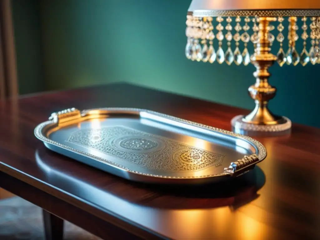 Bandeja de plata elegante con grabados florales y gemas, sobre mesa de lujo con vajilla fina y cristalería, iluminada por candelabro de cristal