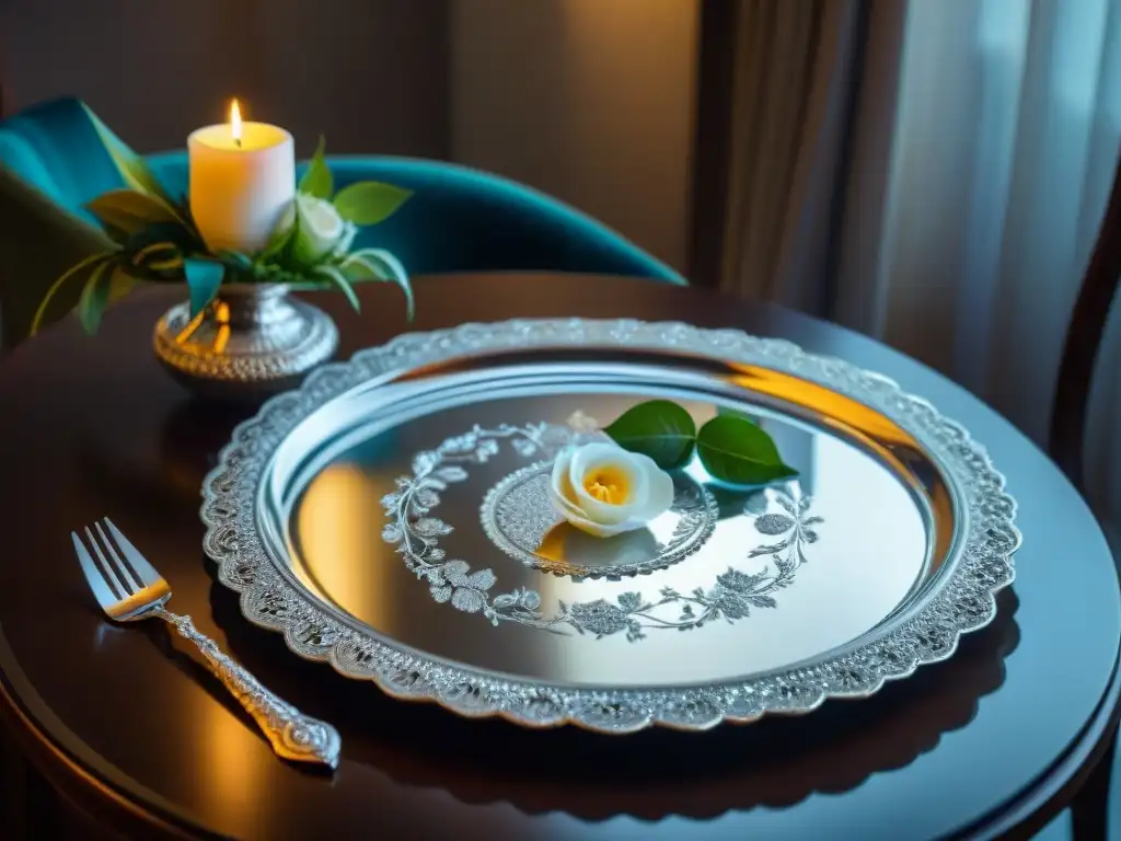 Una bandeja de plata elegante con grabados florales, en una mesa de lujo con vajilla fina y cristalería