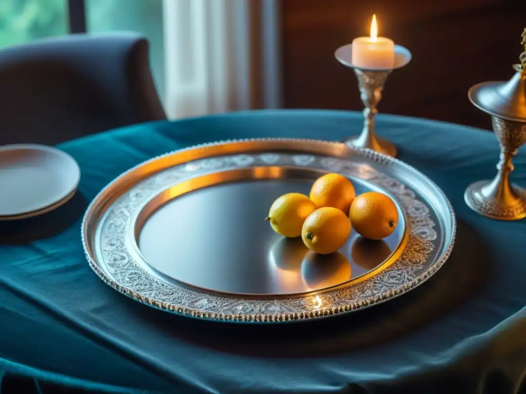 Una bandeja de plata elegante sobre mesa de lujo, con grabados y luz de velas, evocando sofisticación y glamour