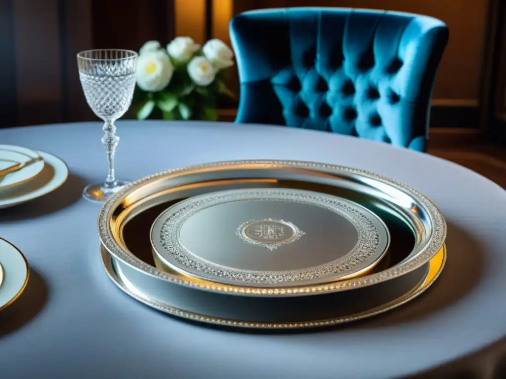 Bandejas de plata elegantes en mesa de lujo, reflejando luz ambiental en entorno sofisticado