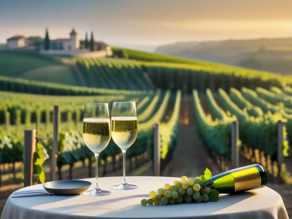 Un banquete elegante en viñedos de Champagne con maridajes gourmet en una puesta de sol dorada