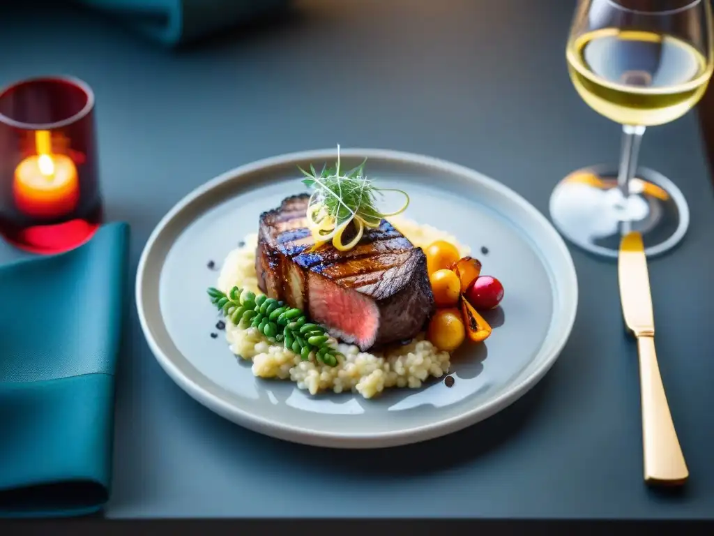 Un banquete gourmet exquisitamente elaborado con cortes de carne, langosta, risotto y verduras asadas