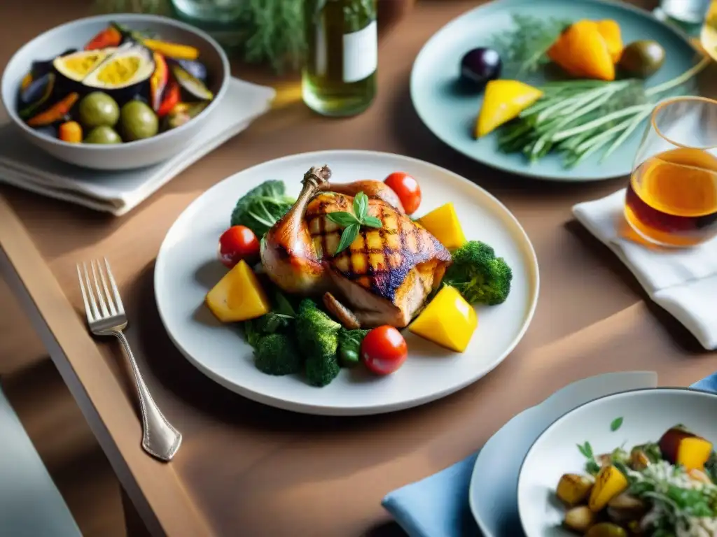 Un banquete gourmet en una mesa elegante, con platos coloridos y ingredientes para una dieta baja FODMAP